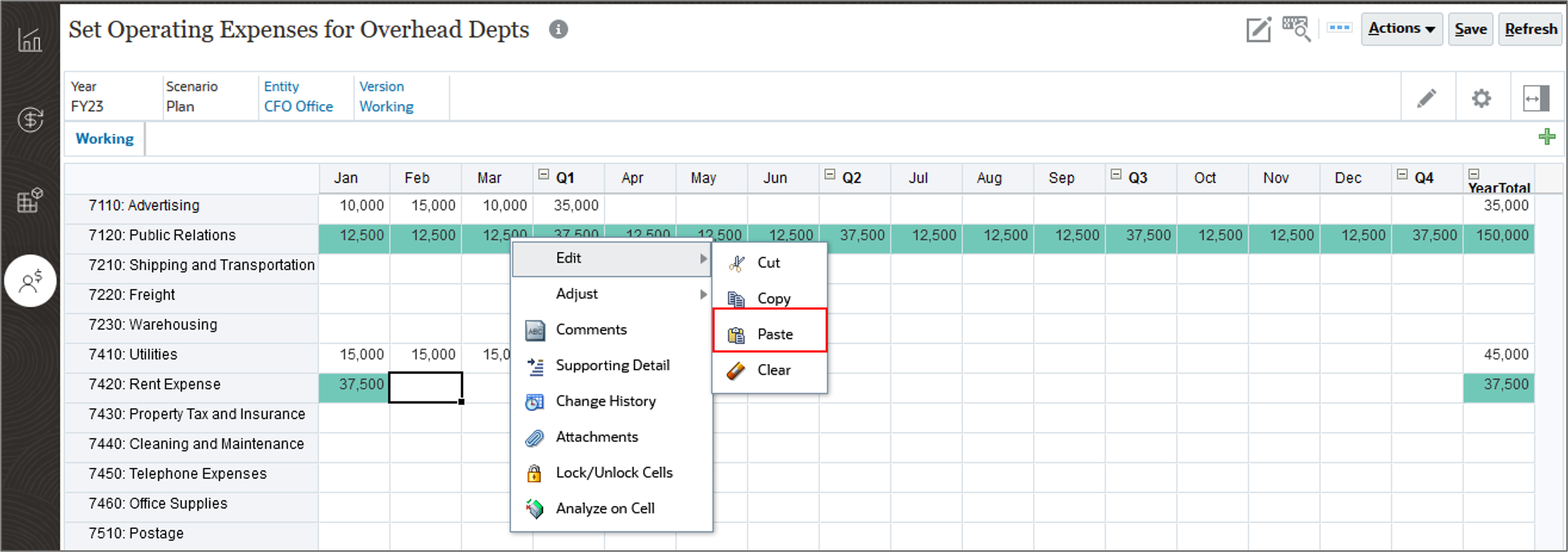 Expense Form with Edit Paste Menu Open